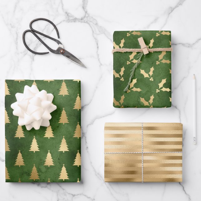 Christmas Tree Holly Patterns Green Gold Wrapping Paper Sheets (Front)