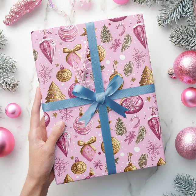 Christmas Tree Hot Pink Gold Holiday Wrapping Paper (Christmas Tree Hot Pink Gold Holiday Wrapping Paper)