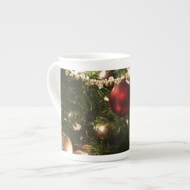 Christmas Tree I Holiday Pretty Green and Red Bone China Mug (Front Left)