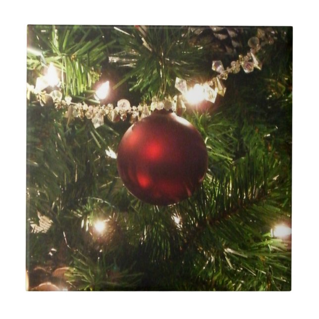 Christmas Tree I Holiday Pretty Green and Red Ceramic Tile (Front)