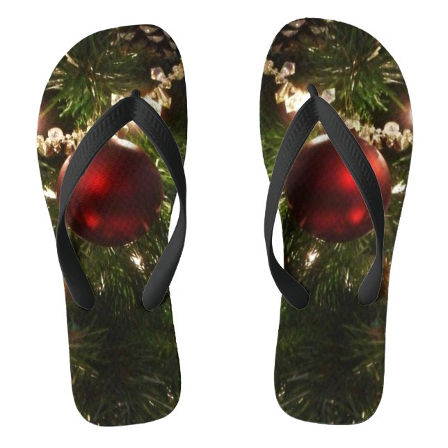 Christmas Tree I Holiday Pretty Green and Red Flip Flops (Footbed)