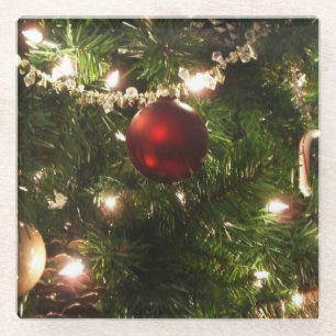 Christmas Tree I Holiday Pretty Green and Red Glass Coaster