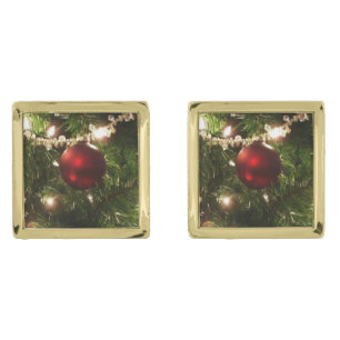 Christmas Tree I Holiday Pretty Green and Red Gold Cufflinks