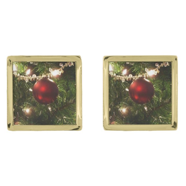 Christmas Tree I Holiday Pretty Green and Red Gold Cufflinks (Front)