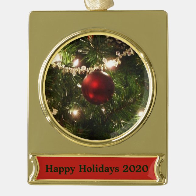 Christmas Tree I Holiday Pretty Green and Red Gold Plated Banner Ornament (Front)