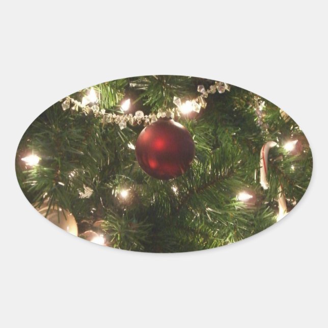 Christmas Tree I Holiday Pretty Green and Red Oval Sticker (Front)