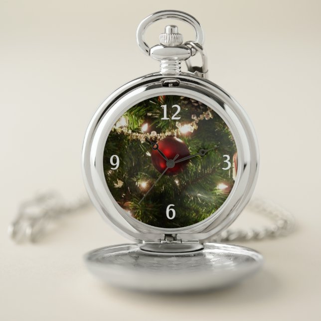 Christmas Tree I Holiday Pretty Green and Red Pocket Watch (Inside)