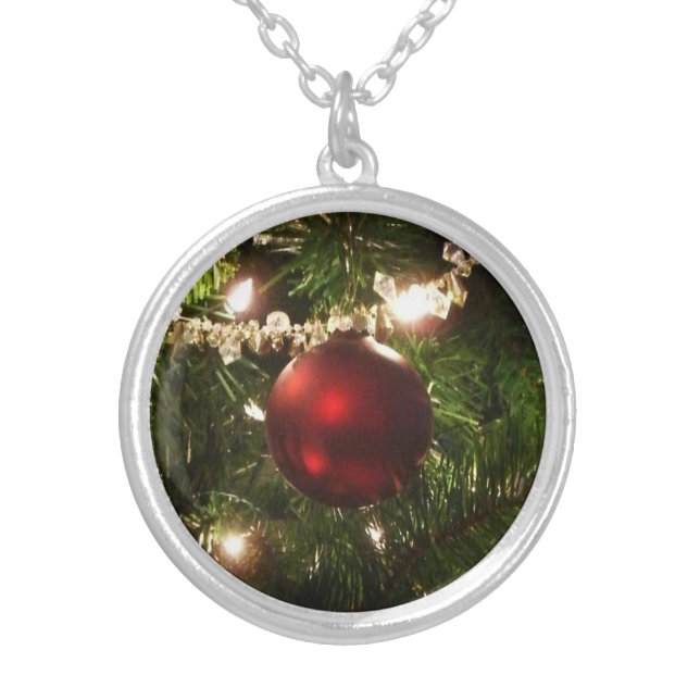 Christmas Tree I Holiday Pretty Green and Red Silver Plated Necklace (Front)