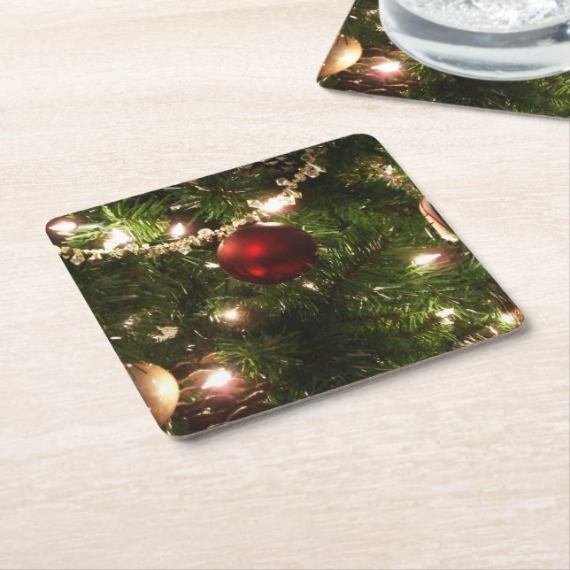 Christmas Tree I Holiday Pretty Green and Red Square Paper Coaster (Angled)