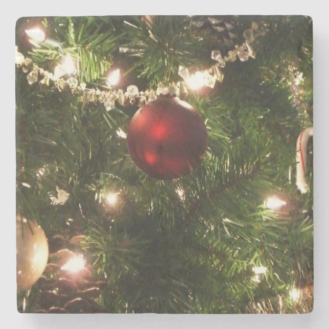 Christmas Tree I Holiday Pretty Green and Red Stone Coaster (Front)