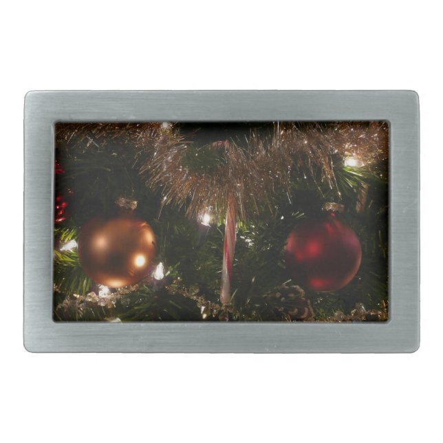Christmas Tree II Holiday Red and Gold Rectangular Belt Buckle (Front)