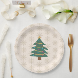 Christmas Tree Illustration Snowflake Pattern Paper Plates