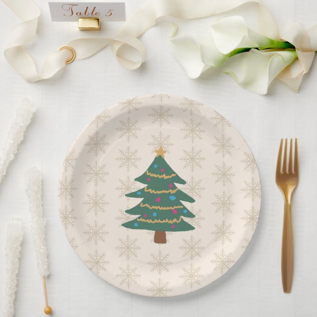 Christmas Tree Illustration Snowflake Pattern Paper Plates (Wedding)