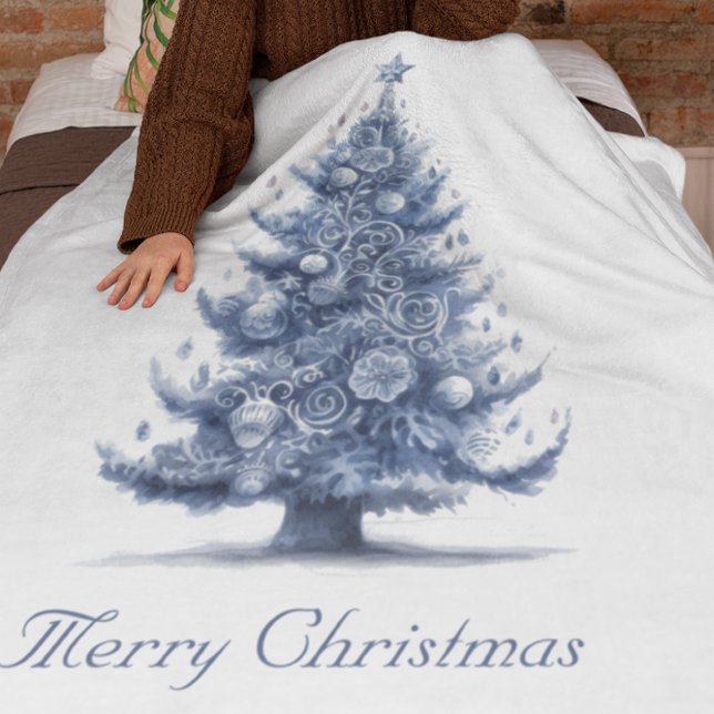 Christmas Tree in Delft Blue customizable Fleece Blanket (Creator Uploaded)