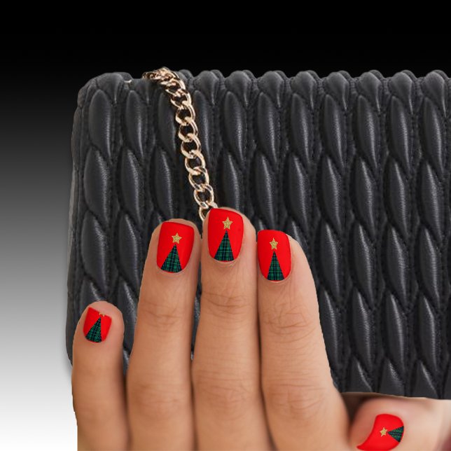 Christmas Tree in Green Plaid Gold Star Red Minx Nail Art (Creator Uploaded)