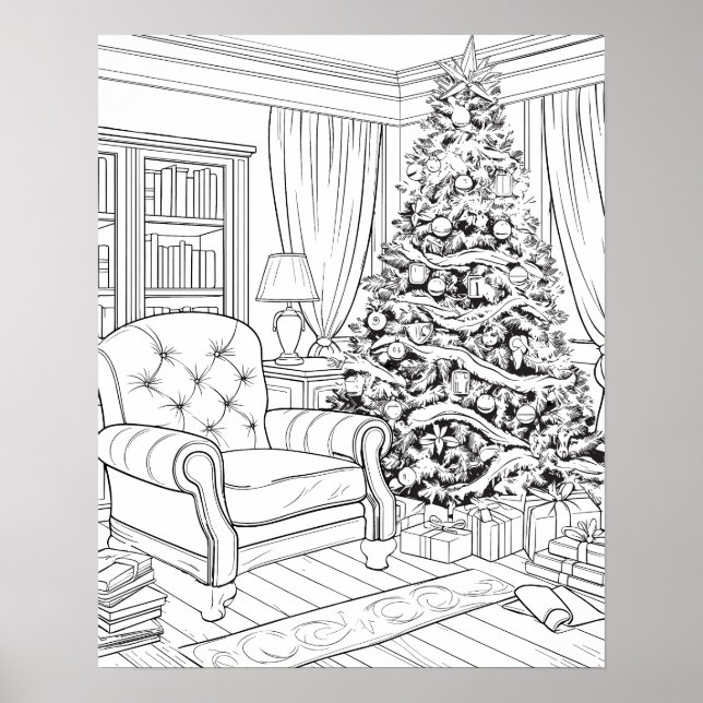 Christmas Tree in Living Room Coloring Poster (Front)