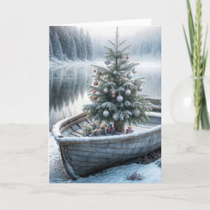 Christmas Tree In Rustic Rowboat Holiday Card