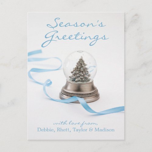 Christmas tree in snow globe with ribbon holiday postcard