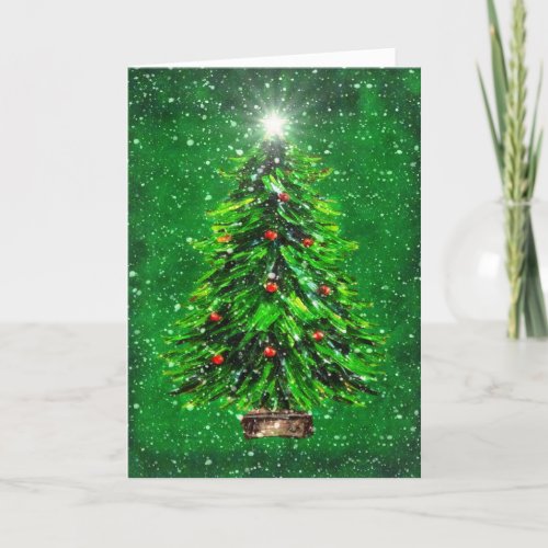 Christmas Tree in Snow _ Green background Thank You Card