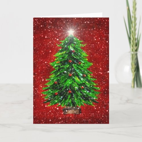 Christmas Tree in Snow _ Red background Thank You Card