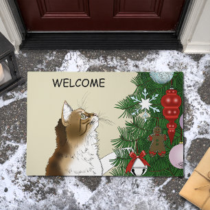Christmas Tree Inspection Funny Calico Cat Holiday Doormat