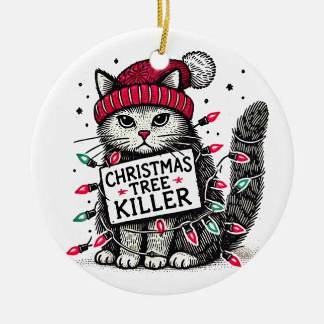 christmas tree killer cat ceramic ornament (Front)