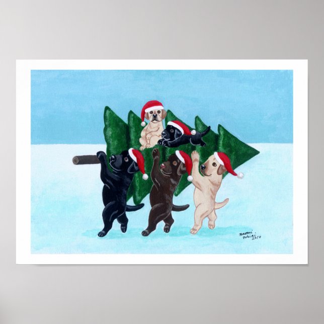 Christmas Tree Labradors in the Snow Field Artwork Poster (Front)