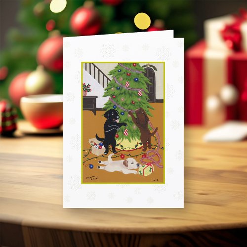 Christmas Tree Labradors Snowflakes Holiday Card