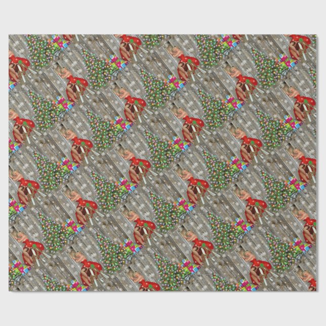 Christmas Tree Lady in Red Dress Rustic Barn Board Wrapping Paper (Flat)
