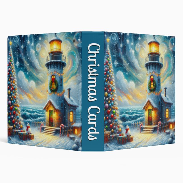 Christmas Tree Lighthouse Nautical Coastal Blue 3 Ring Binder (Background)