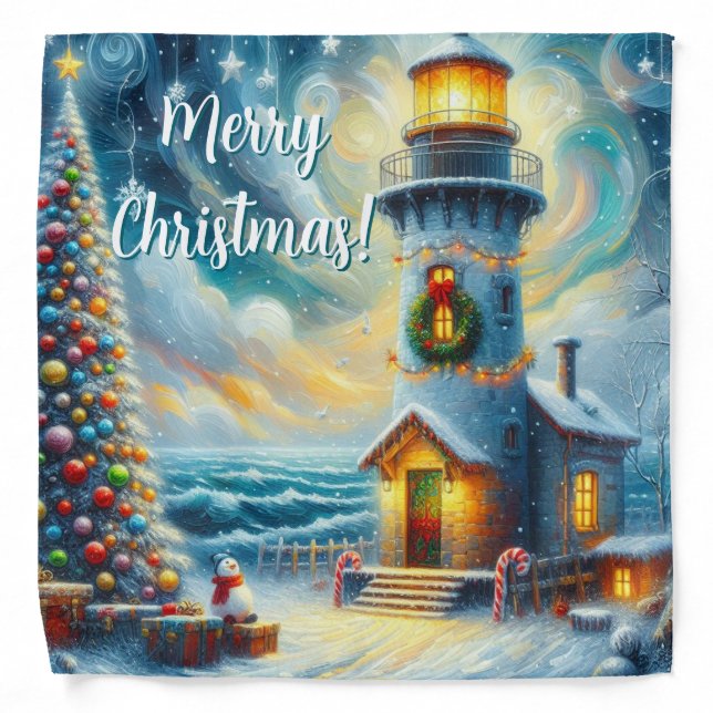 Christmas Tree Lighthouse Nautical Coastal Blue Bandana (Front)