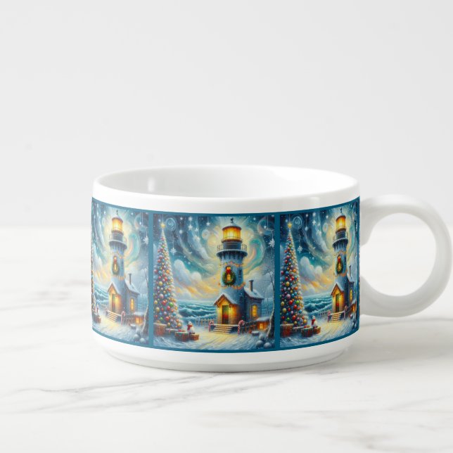 Christmas Tree Lighthouse Nautical Coastal Blue Bowl (Left)