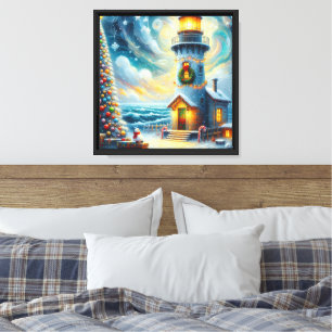 Christmas Tree Lighthouse Nautical Coastal Blue Canvas Print