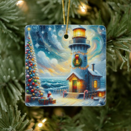 Christmas Tree Lighthouse Nautical Coastal Blue Ceramic Ornament
