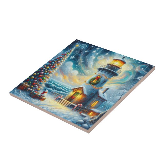 Christmas Tree Lighthouse Nautical Coastal Blue Ceramic Tile (Side)