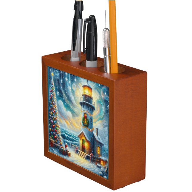 Christmas Tree Lighthouse Nautical Coastal Blue Desk Organizer (In Situ)