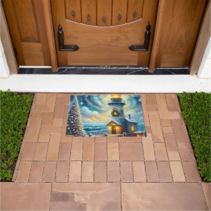 Christmas Tree Lighthouse Nautical Coastal Blue Doormat