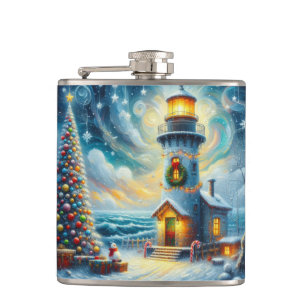 Christmas Tree Lighthouse Nautical Coastal Blue Flask