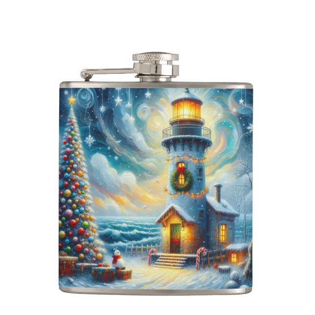 Christmas Tree Lighthouse Nautical Coastal Blue Flask (Front)