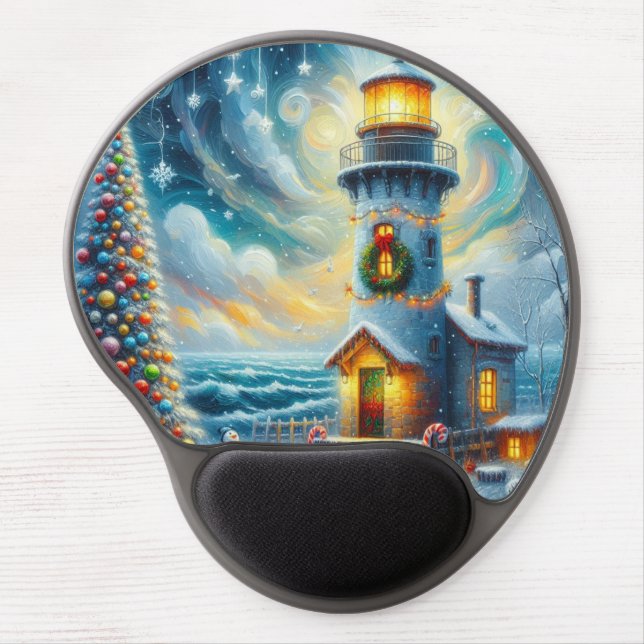 Christmas Tree Lighthouse Nautical Coastal Blue Gel Mouse Pad (Front)