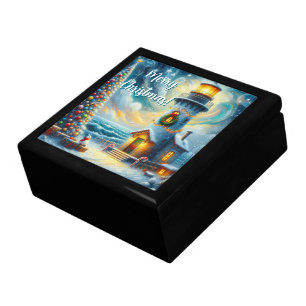 Christmas Tree Lighthouse Nautical Coastal Blue Gift Box