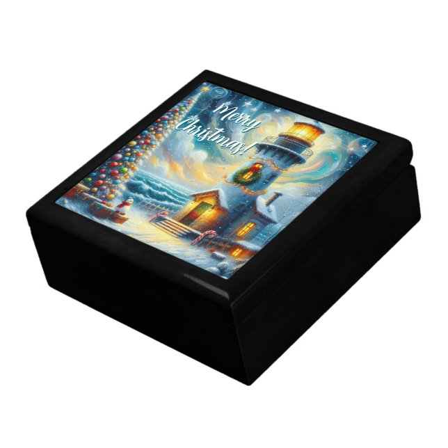 Christmas Tree Lighthouse Nautical Coastal Blue Gift Box (Side)