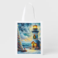 Christmas Tree Lighthouse Nautical Coastal Blue