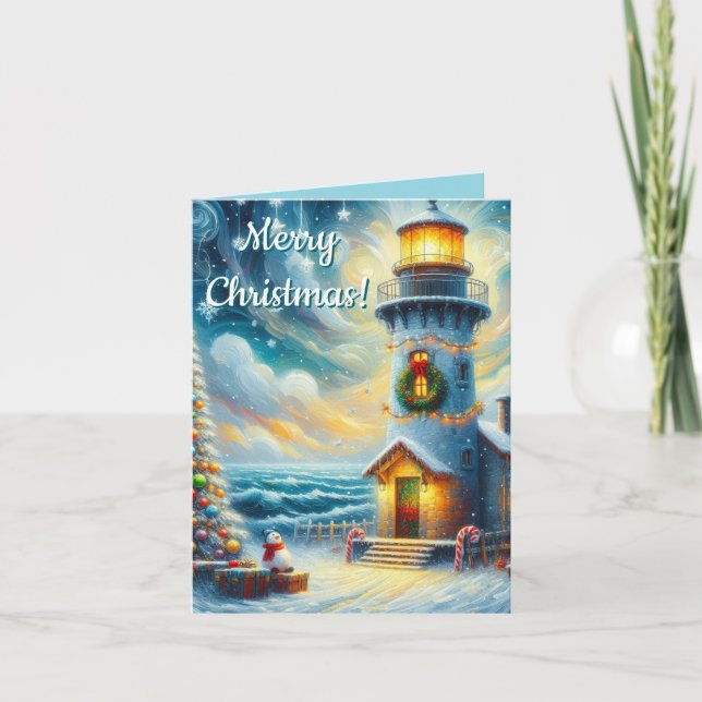 Christmas Tree Lighthouse Nautical Coastal Blue Holiday Card (Front)