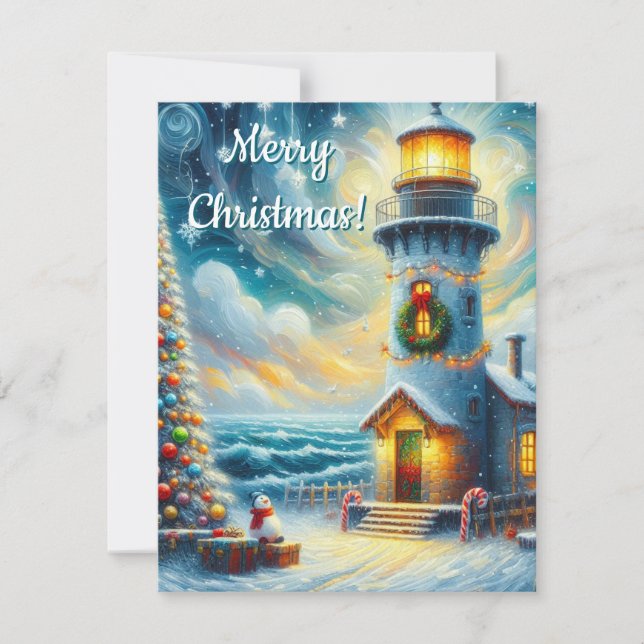 Christmas Tree Lighthouse Nautical Coastal Blue Holiday Card (Front)