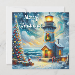 Christmas Tree Lighthouse Nautical Coastal Blue Holiday Card