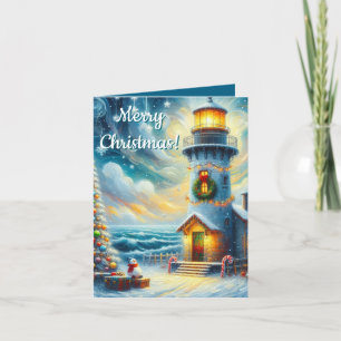 Christmas Tree Lighthouse Nautical Coastal Blue Holiday Card
