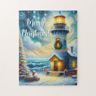 Christmas Tree Lighthouse Nautical Coastal Blue Jigsaw Puzzle