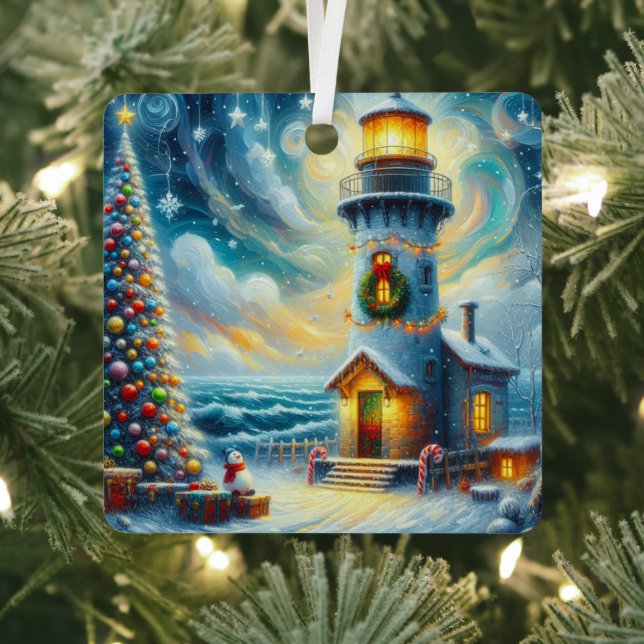 Christmas Tree Lighthouse Nautical Coastal Blue Metal Ornament (Insitu)