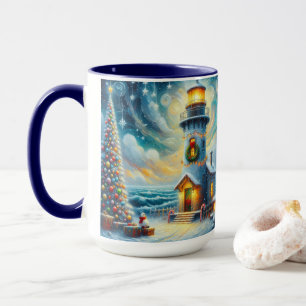 Christmas Tree Lighthouse Nautical Coastal Blue Mug